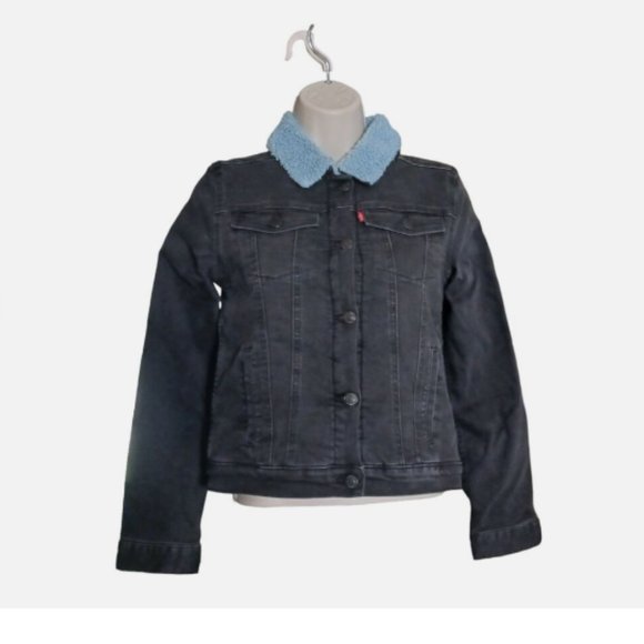 Levi's Trucker Black Jean Denim Jacket Fleece Sherpa Lined Girls 12-13 Size L - Picture 4 of 9